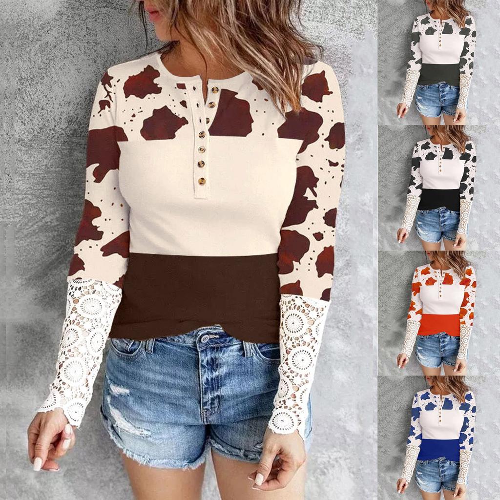 Women's Slim Fit Casual Cow Striped Lace Long Sleeve Top T-Shirt Blouse