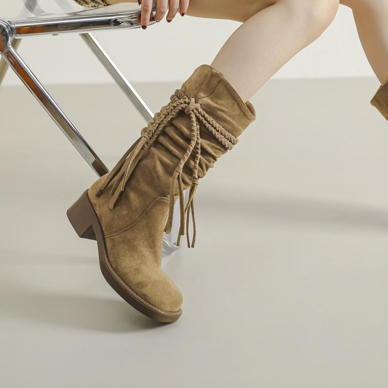 Medium tube retro hand-woven fringed thick-heeled knight boots wasteland wind pleated piled boots autumn and winter thin short boots