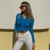 Long Sleeve Cropped Top 2022 Slim Ruched Ladies Sparkle Shirts Women Sexy Fashion Clothing Button Up Collar Glitter Shirt