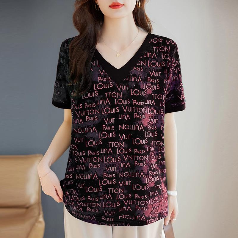 

New Summer Color-blocked Letter Short Sleeve T-Shirt Women s Mid-Length Oversized Loose V-Neck Top XXXL