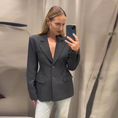 Blazer Nero Sottile con Spallina Donna Autunno Revers Tasca Bottone Giacca Completo Lady Pendolarismo Temperamento Capospalla