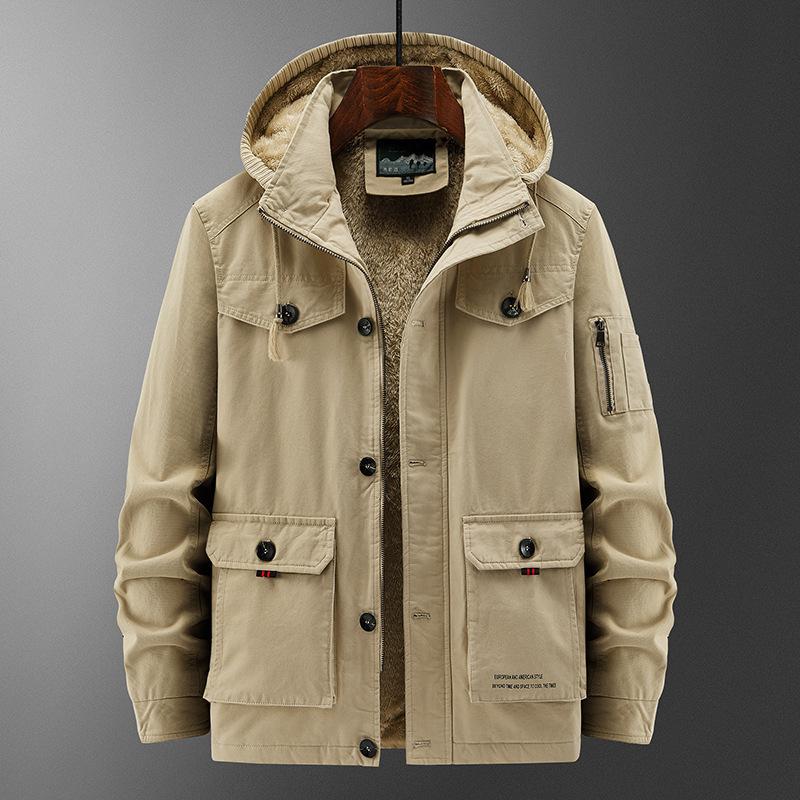 Winter Men's Cotton Coat Plus Velvet and Thickened Coat, Work Jacket, Multi-pocket Hooded Top Coat