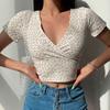 Frauen Sommer Top V-ausschnitt Kurzarm Taille-ausgesetzt Kleine Blume Drucken Pullover Weiche Atmungsaktive Retro Slim Fit Dame süße T-shirt