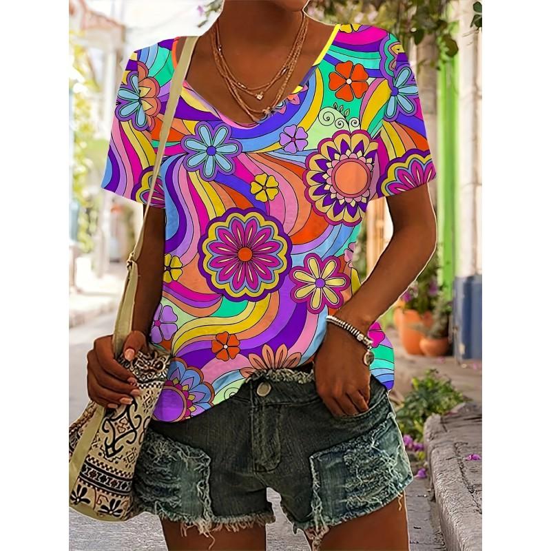 Womens V-Neck Short Sleeve T-Shirt With 3D Printed Striped Loose Fit Casual Chic Top 2025