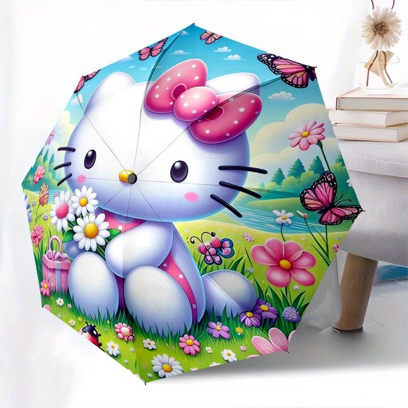 Hello Kitty,Spring Flowers Automatic Folding Umbrella-Simple 8-Rib Design, Bright Cartoon Pattern, Durable Iron Frame, Suitable For Travel,