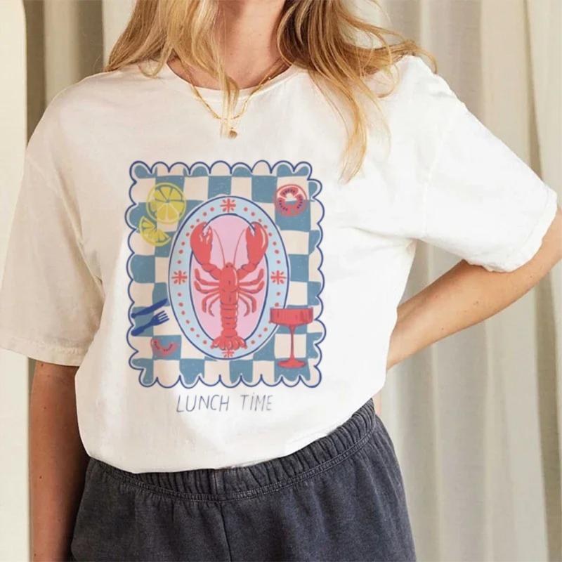 

Lunch Time Lobster Print Women TShirt Fashion Basic Casual Graphic Top Short Sleeved Cotton Shirt Aesthetic Clothes S