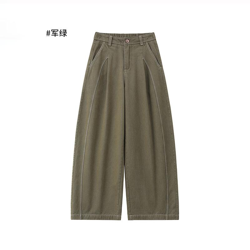 Women's Washed Cotton Pleated Curved Wide Leg Pants Casual Loose Fit Trousers