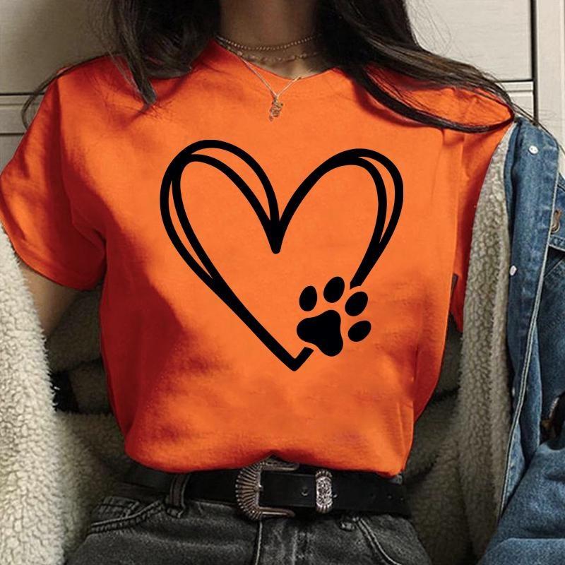 Personalized Creative Heart Dog Paw Print Pattern Printed Tee Women's Funny Casual Shirt Tops Loose Round Neck T-Shirt