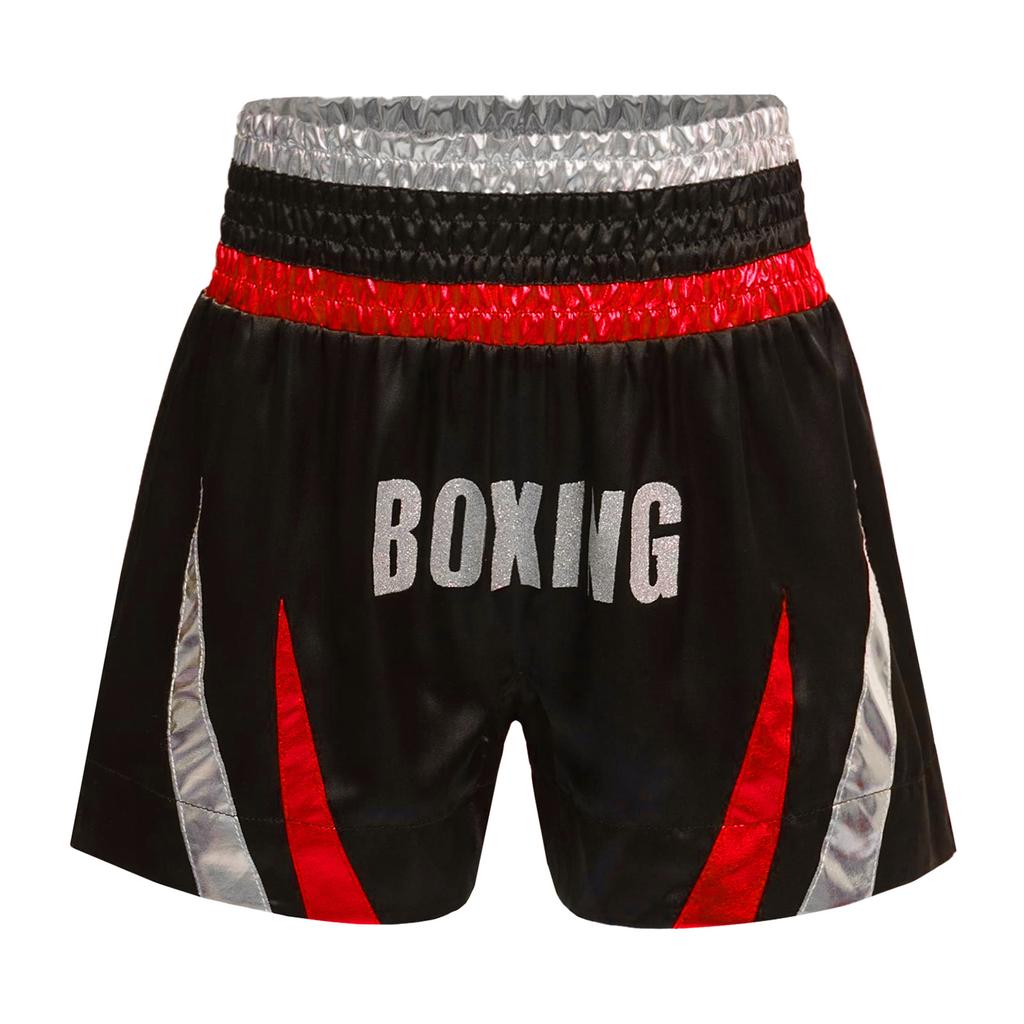 Jungen Glänzende Buchstaben Aufdruck Boxershorts Farbblock Metallisches Patchwork Seitenschlitz Satin Boxen Trainingsshorts