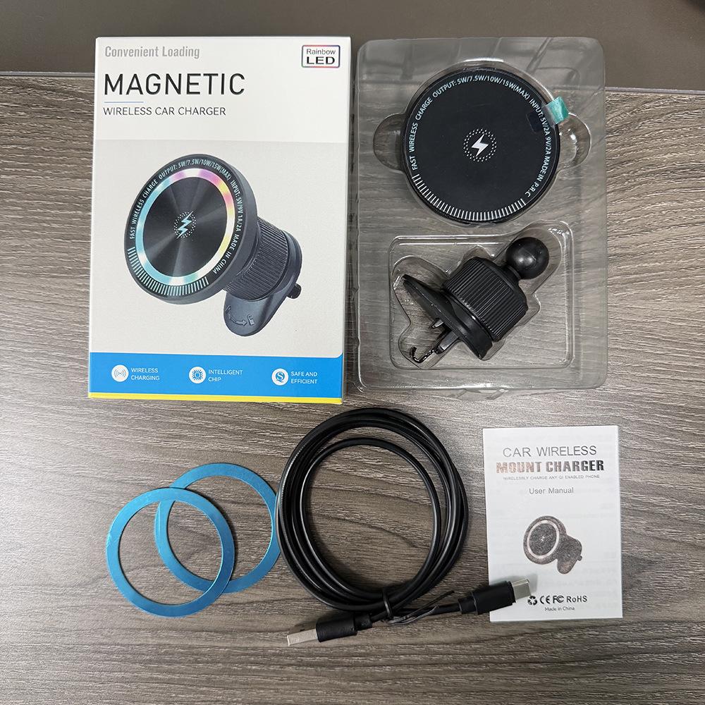 15W RGB Magnetic Car Wireless Charger & Phone Holder: Fast Charging with Colorful Atmosphere Light