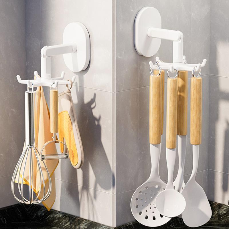 360 Degree Rotating Adhesive Wall Hook Rack With 4 Hanging Hooks Drill Free For Kitchen Bathroom Storage