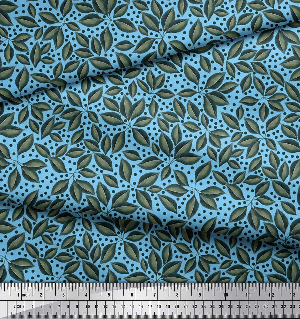 Soimoi Blue Poly Crepe Fabric Dots & Beach Leaves Decor Fabric Printed metre 42 Inch
