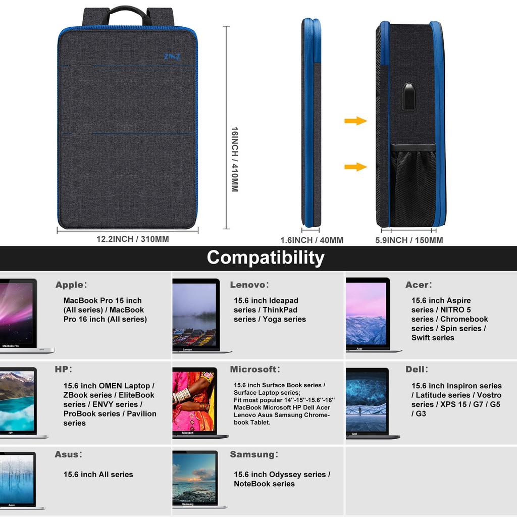 Genişletilebilir 15 16 inç PC Sırt Çantası İş Sırt Çantası USB Şarj Portlu Günlük Kullanım Okul Seyahat Bilgisayar B03BL01 [ZINZ] Ultra İnce 15.6 Çanta,