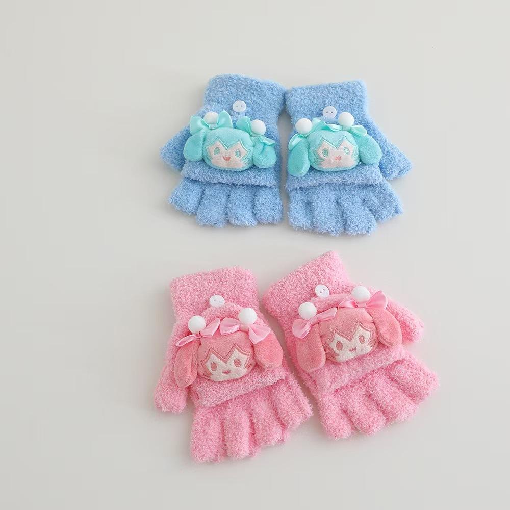 Dziecięce rękawiczki z klapką Jesień i Zima Nowe Pogrubione Aksamitne Koralowe Ciepłe Rękawiczki Pięciopalczaste Animacja Rysunkowa Studenci Piszą