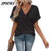 JPNTKY Women's Fashion Casual Solid Color Print Short Sleeve V Neck Blouses & Shirts International Design