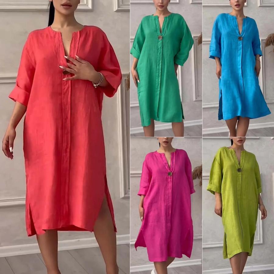 Women's New Cotton Linen Solid Color Casual Round Neck Button Long Dress