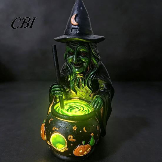 Indoor Outdoor Halloween Ornaments Witch Cauldron Lamp Figurine, Resin Scary Witches Lighted-Up Lighted Statue Cauldron, Festival Supplies Shelf