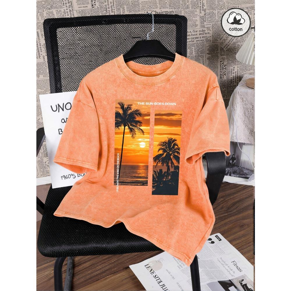 Beautiful Coconut Tree Beach Scenery Print Women Washed T Shirt Cotton T-Shirts Vintage Loose Short Sleeves Sportswear