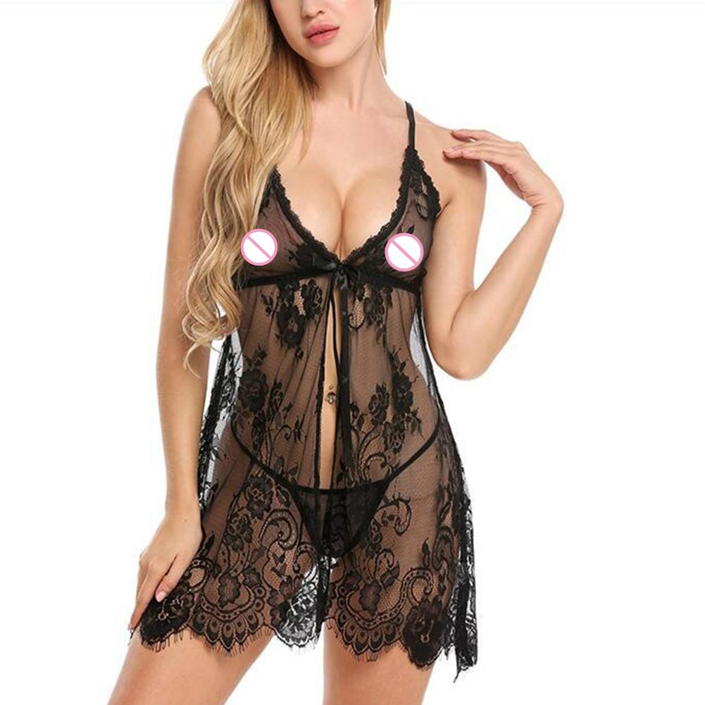 Porno Women Sexy Lingerie See Through Lace Floral Deep V -Neck Push Up Sleeveless Babydoll +Sexy Thong Exotic Set