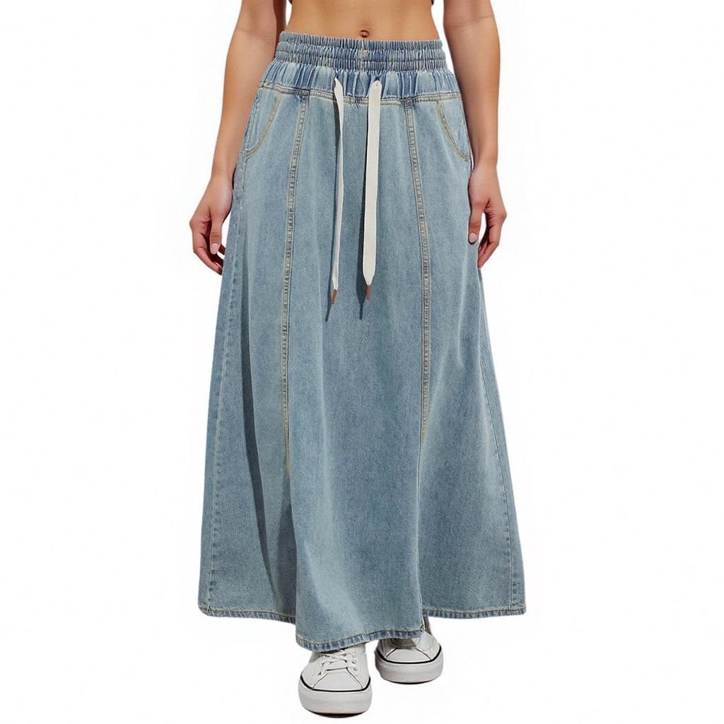 Women's Casual Elastic High Waist Loose A-Line Long Flared Denim Skirt