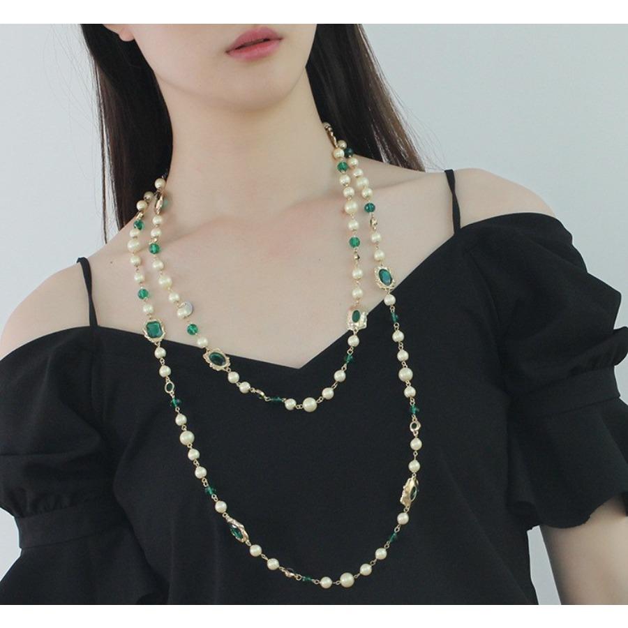 JMXD-Necklace Vintage Pearl Red Handmade Glass Ladies Long Necklace Sweater Chain Small Fragrant Style Jewelry