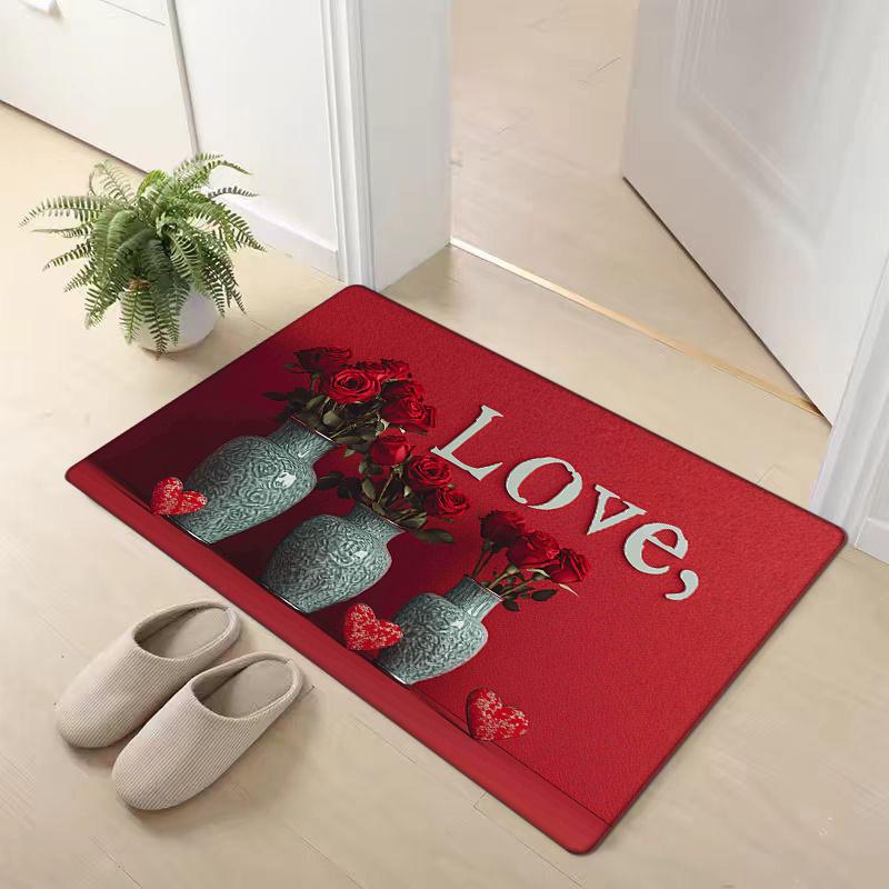 

Valentine s Day LOVE Red Rose Vase Design Door Mat - 1pc, Non-Slip, Machine Washable, Comfort Floor Rug for Entryway, Kitchen, 40x60cm