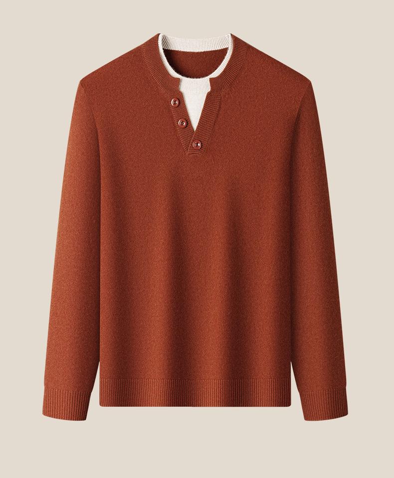 Men's Cashmere-Blend Thick Knit Sweater - Round Neck, Relaxed Fit, Faux Two-Piece, Casual Style