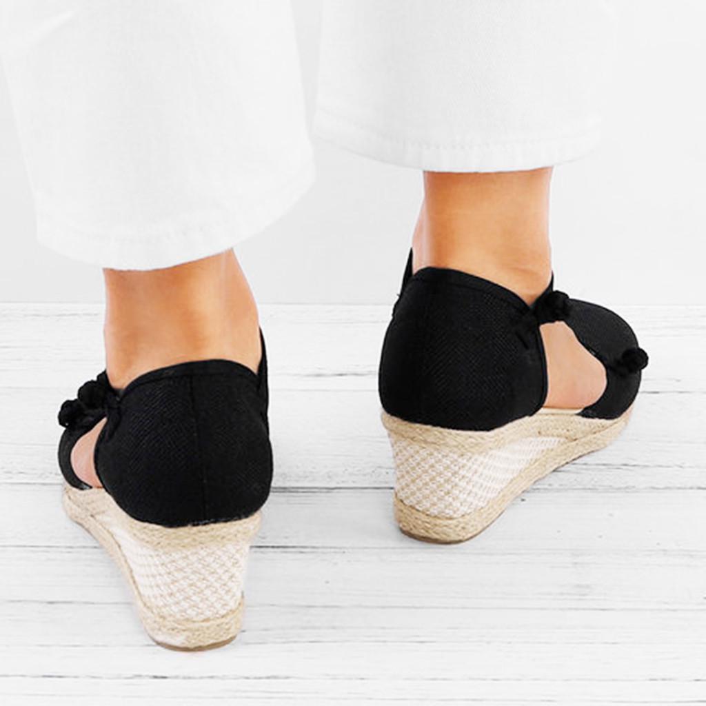 Moteriški, retro stiliaus lininiai drobiniai pleištiniai, apvalūs, laisvalaikio sandalai vienviečiai batai