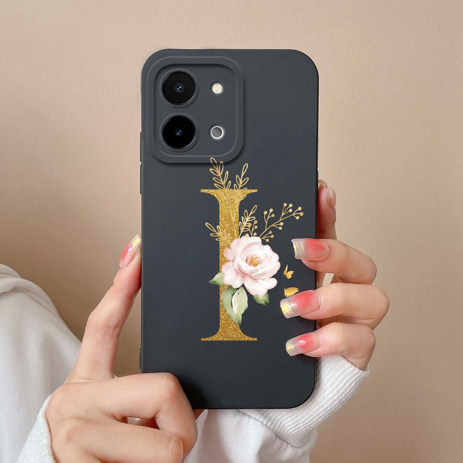 Case For Vivo Y28 4G 5G Art Flower 26 Letters Liquid Silicone TPU Back Cover For VivoY28 4G 5G Advanced Sense Couple Funda Shell