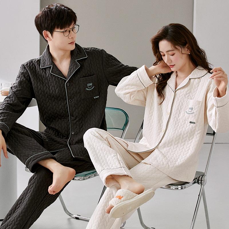 Couple's Warm Cartoon Pajamas Set: Thick Cotton, Korean Style, for Women & Men, Autumn/Winter