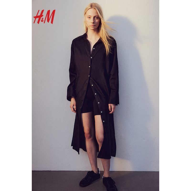 

HM Women s clothing dress Summer Linen Commuter Long sleeve Shirt-Style Mid-Length Overalls Skirt 1216689 Black 155/80