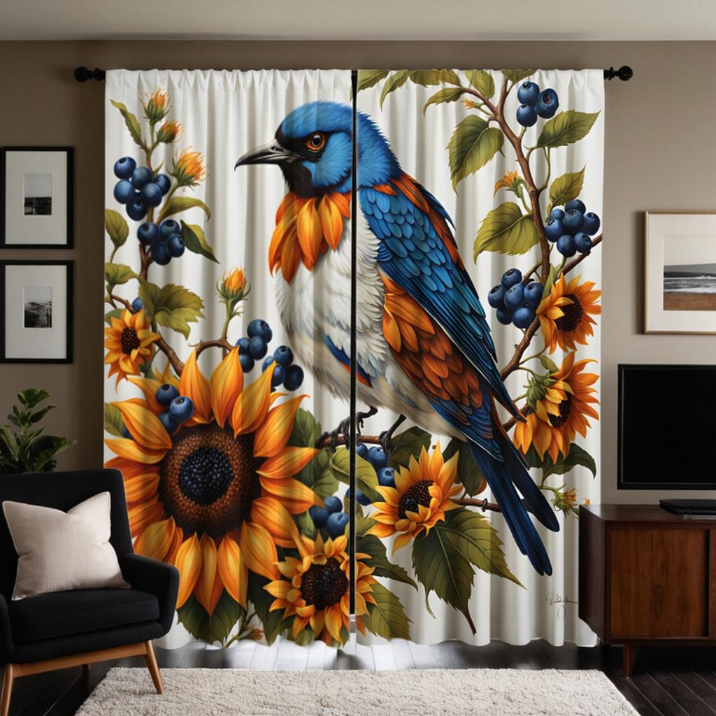 2pcs Set HD Harvest Festival Blueberry Tree Sunflower Bird Decorative Curtain Yellow Tie Digital Printed Curtain Home Decorat