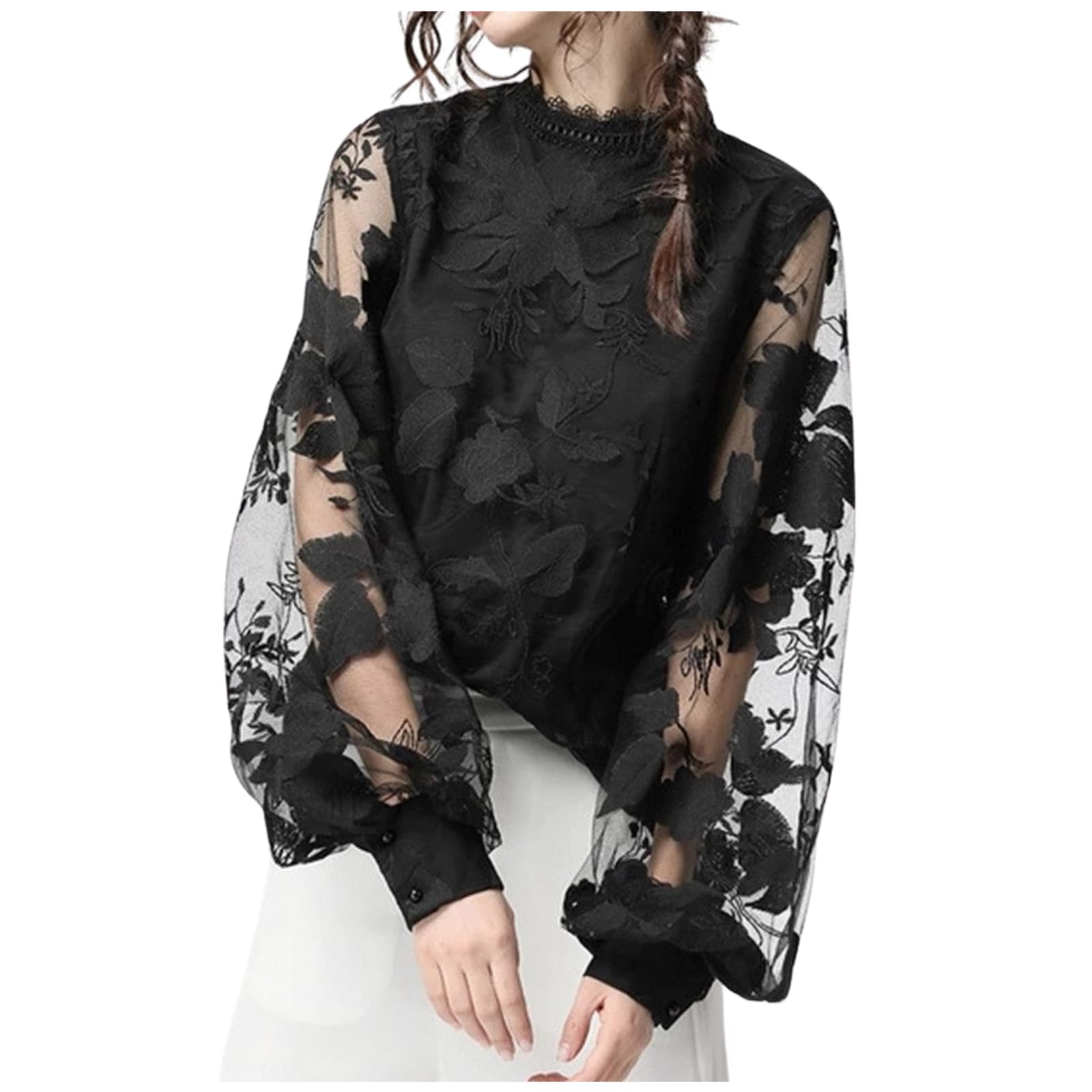 

Green Tea Lace Long Sleeve Shirt All Size M Top, Blouse, Lace, See-Through Sleeves, Stylish, Beautiful, Black, Women s, чёрный