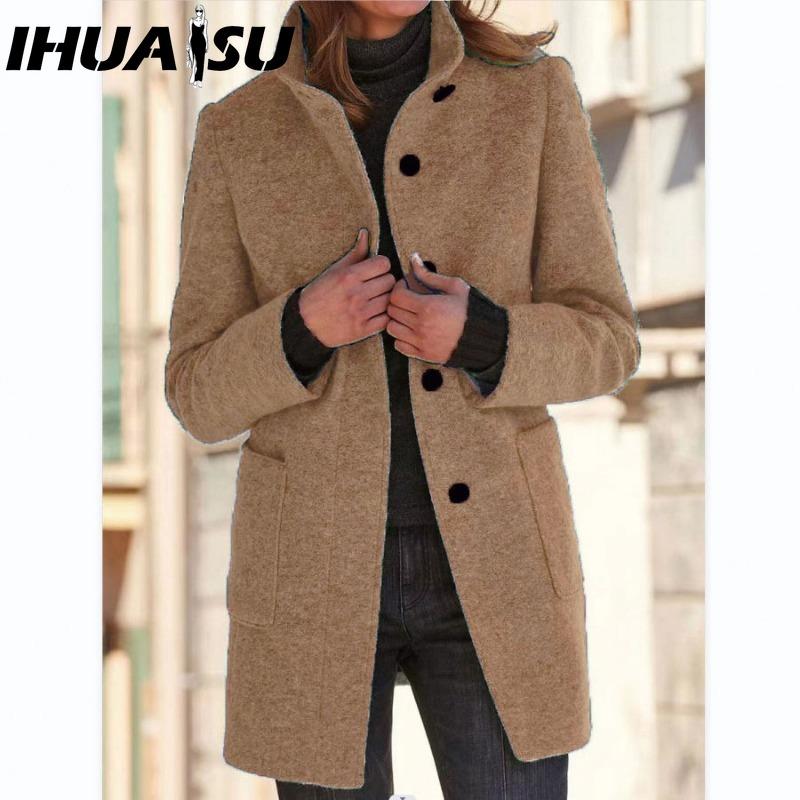 IHUASU Women's Vintage Casual Lattice Print Autumn Winter Long Sleeve POLO Neck Jackets & Coats