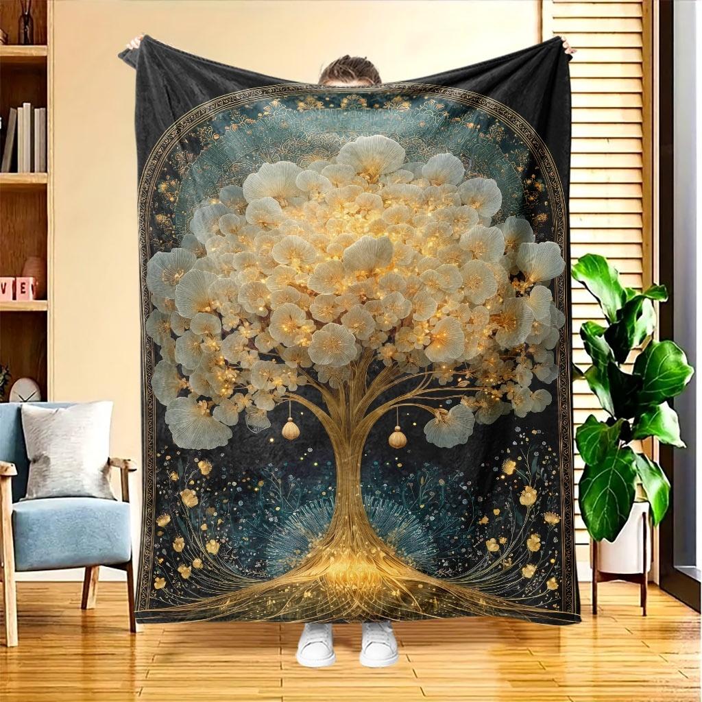 1pc Enchanted Tree of Blanket - Quilted Flannel Sofa Throw Suitable for All-Season Use, Soft Skin-Friendly Bedspread with Fantasy Tree Print, Machine