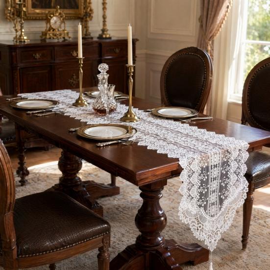 White Lace Table Runner, Vintage Floral Lace Table Runner, Rustic Boho Table Runner for Dining Table Wedding Bridal Shower Baby Shower Party
