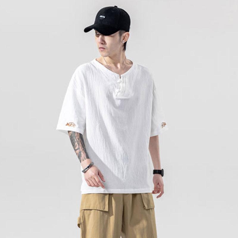 Men's Imitation Cotton Linen Style Loose Short Sleeve T-shirt Solid Shirts Casual Top Tee Shirt