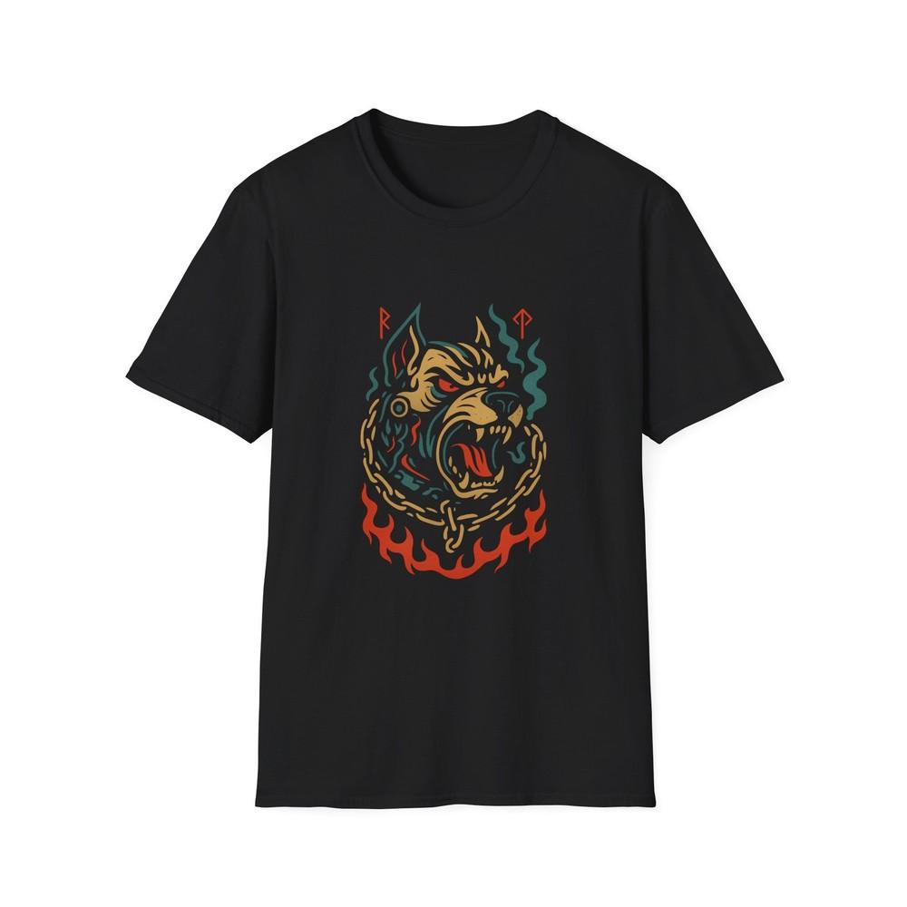 

Unisex Softstyle T-Shirt Aggressive Cyborg Dog Tattoo Chains and Circuit Runes Tee S