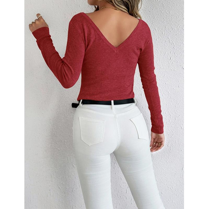 New Reversible V-Neck Long Sleeve Knitted Top Solid Color Round Neck Wool Blend Pullover Sweater Base Shirt