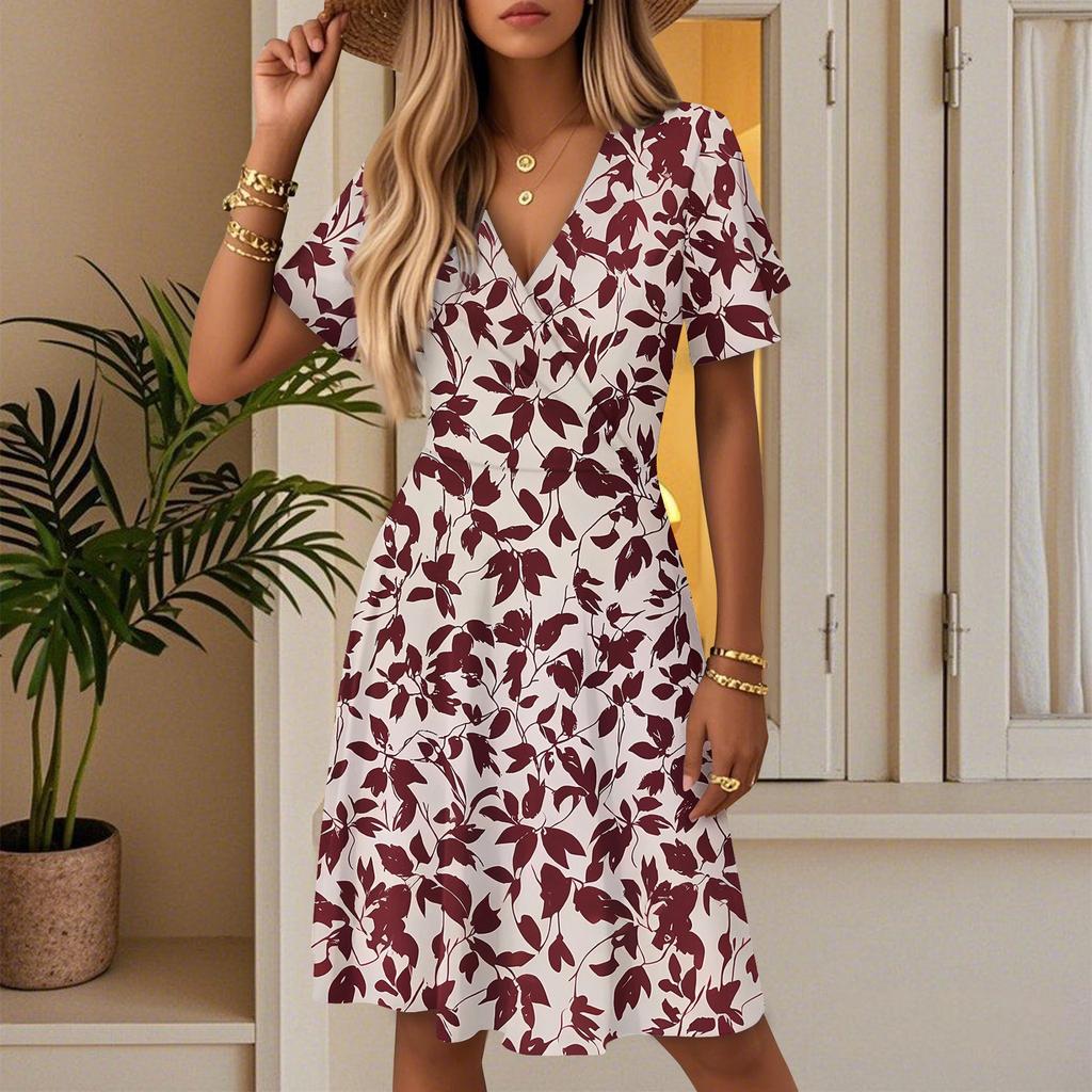 Women's Summer Fashion Leaf Print Dress Casual Beach A-line V-neck Loose Sundress