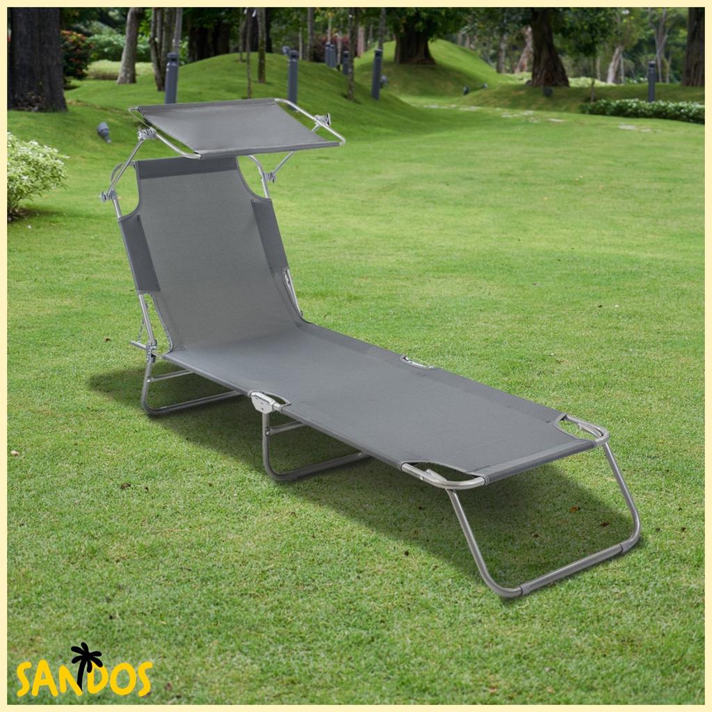 Folding Garden Beach Lounger with Roof, Pool Sunbathing Bed, Gray