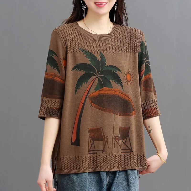 Cotton Sweater Women Plus Size Autumn Loose Round Neck Retro Printing Sweater Comfortable and Versatile Elastic Knit Sweater