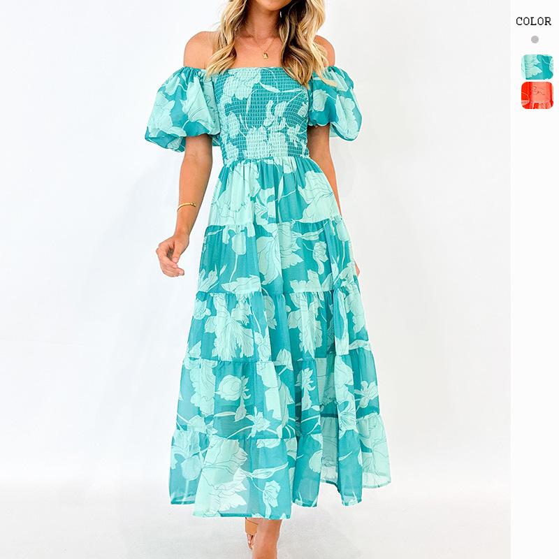 2026 summer European and American women s clothing one-neck chiffon bubble sleeve layered printed dress S