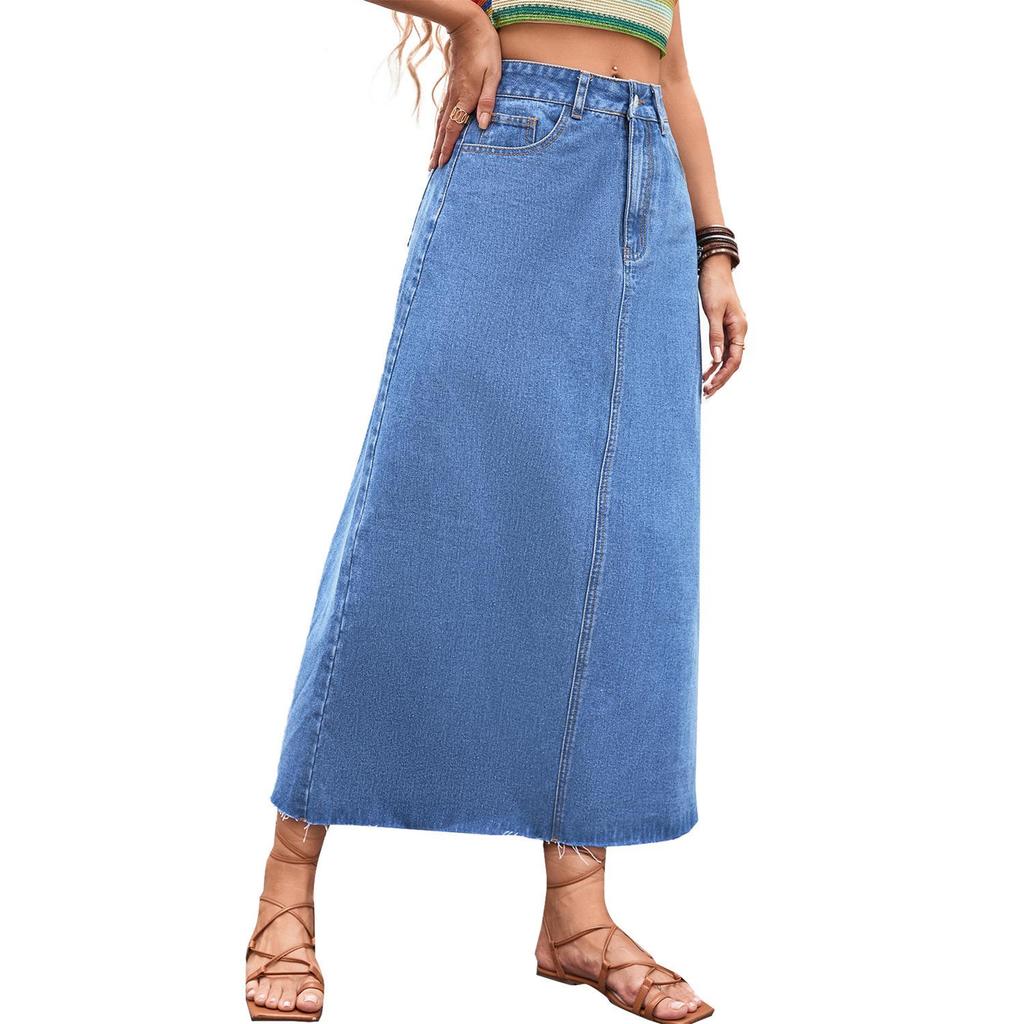 Cross-border Women's European & American Casual High Waist A-line Denim Midi Skirt