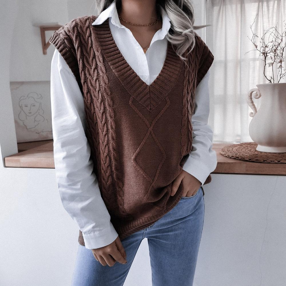 Gilet in maglia casual con scollo a V e scollo a V da donna, autunno e inverno
