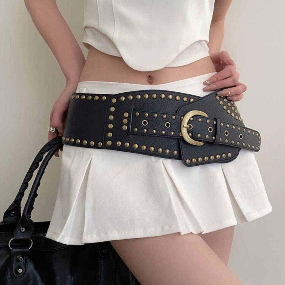 Punk Metal Rivet Belt Adjustable Waist Corset Gothic Wide Cummerbunds  Girl