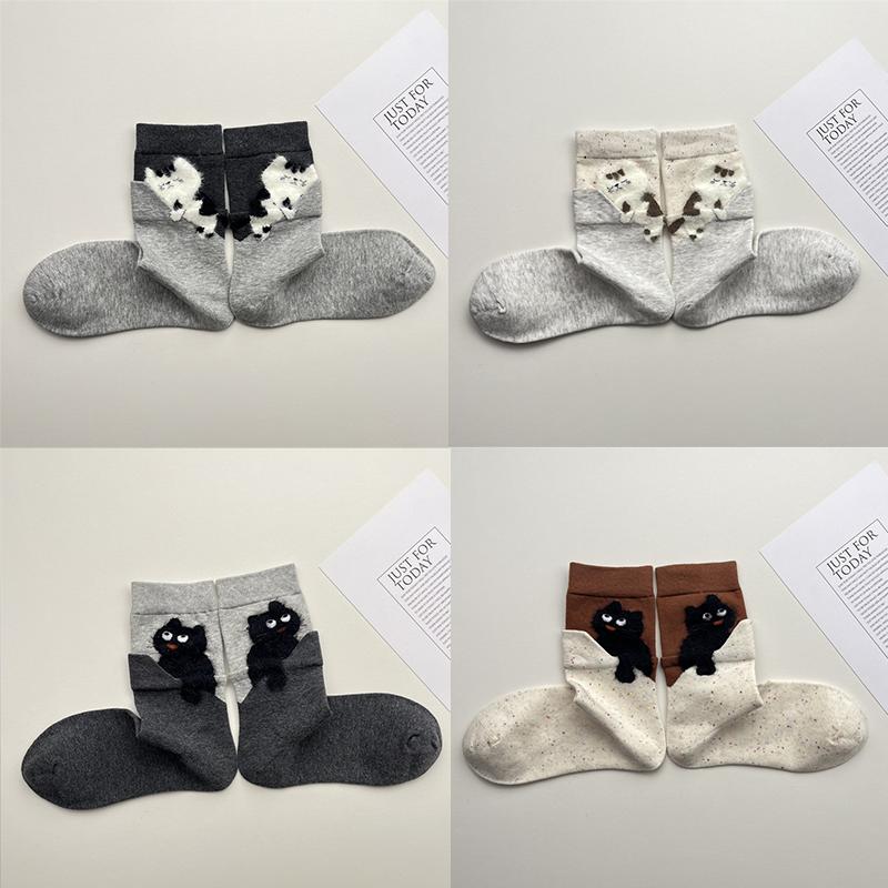 4 Pairs Cartoon Cute Cat Cotton Socks Women Girls Middle Tube Sleep Floor Socks