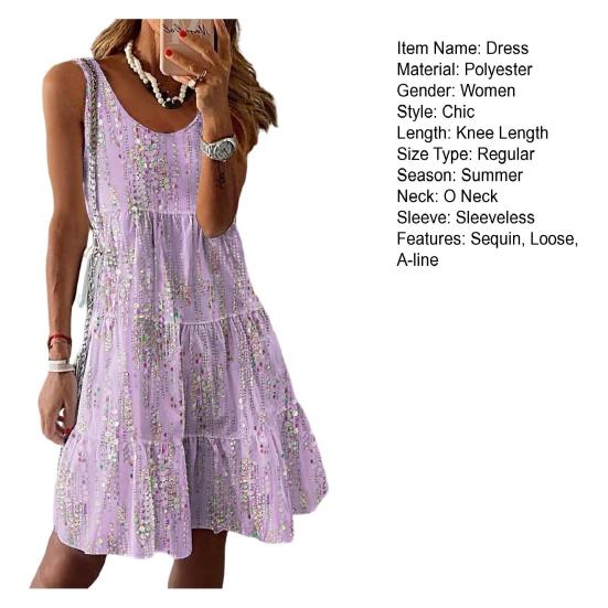 Women's summer casual floral print loose U-neck sleeveless knee-length dress