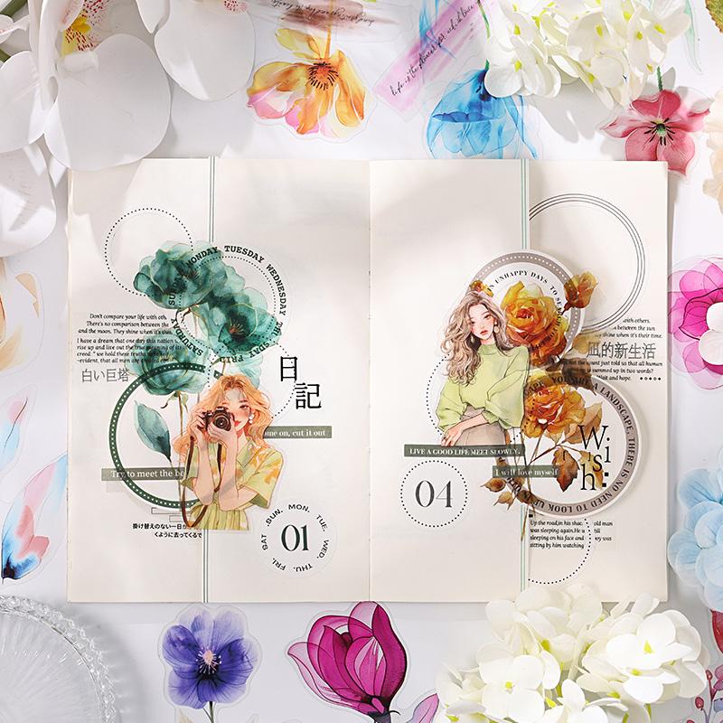 12 Sheets INS Plant Flower Scrapbooking Materials PET Sticker Pack Junk Journal Collage Decorative Aesthetic Stationery Stickers