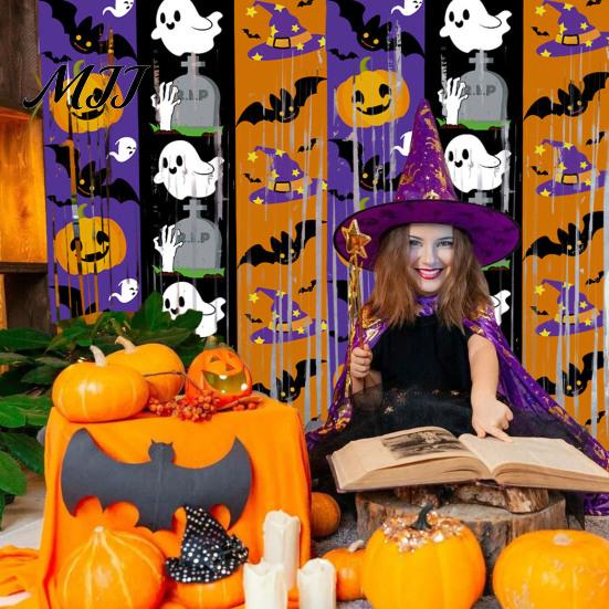 Festive Halloween Curtain Foil Fringe for Halloween, Orange Purple Black Background Photo Booth Backdrop Props, Pumpkin Ghost Bat Party Decoration